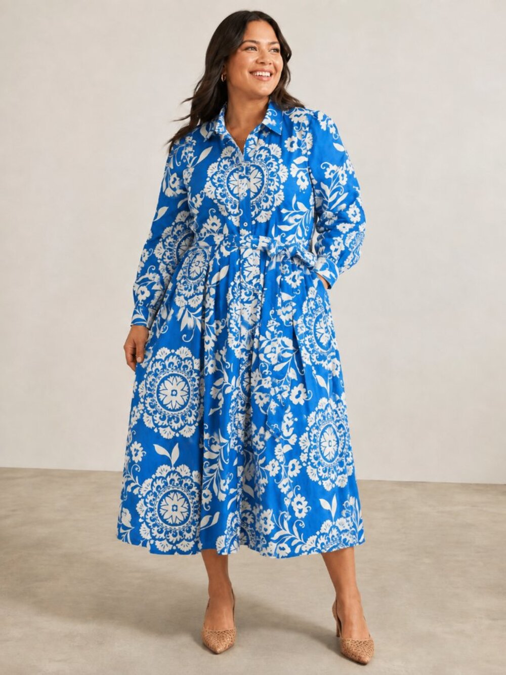 BODEN Alexa Cotton Midi Shirt Dress Blue in Decorative Blossom